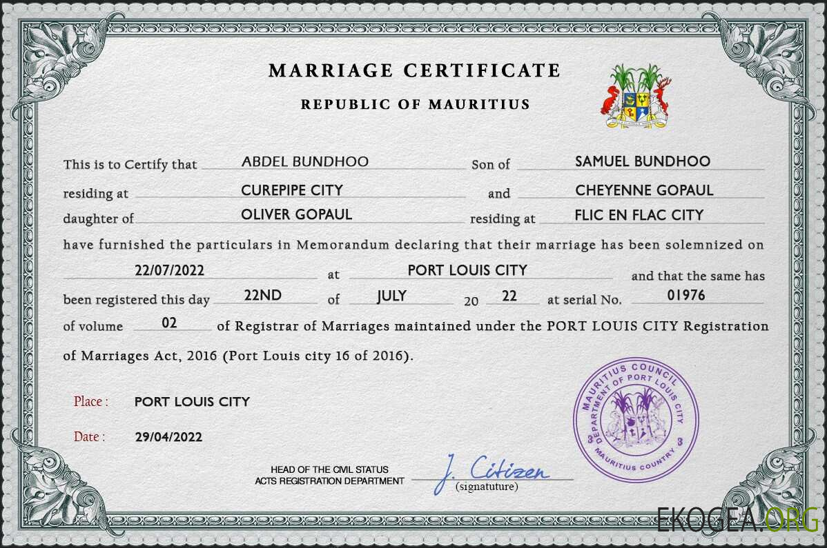 Modèle PSD de certificat de mariage à Maurice